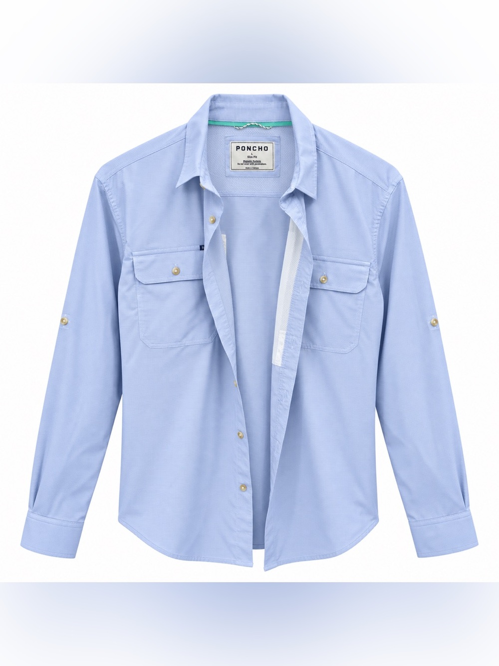 Poncho Outdoors Mens L Slim Fit Fishing Shirt Blue Check Long Sleeve Magnetic